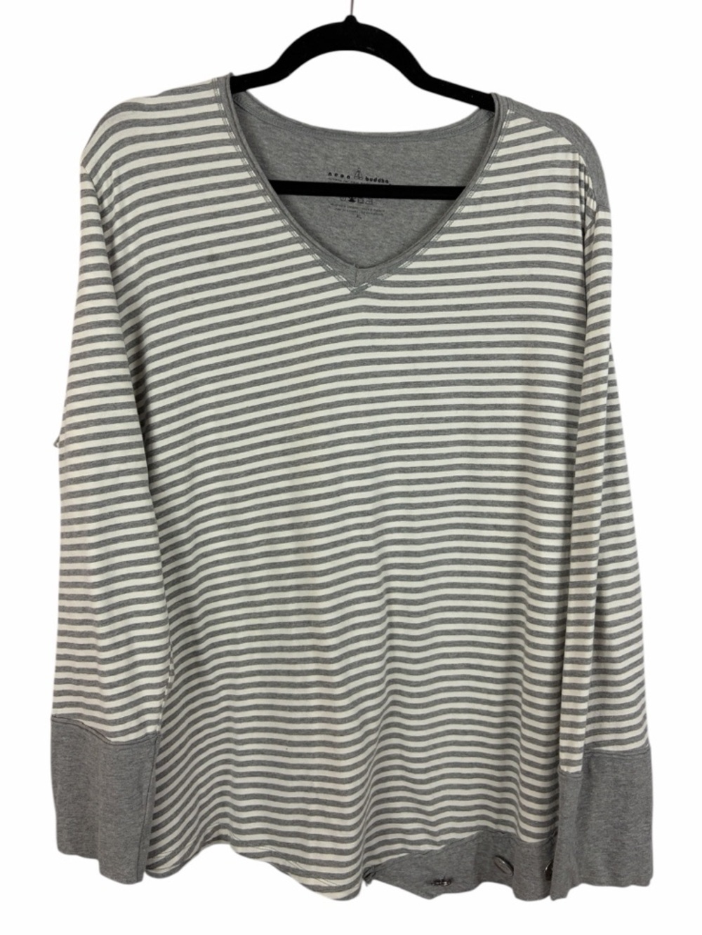 Neon Buddha Striped Long Sleeve Top Women XL Grey White V Neck Button Hem Casual